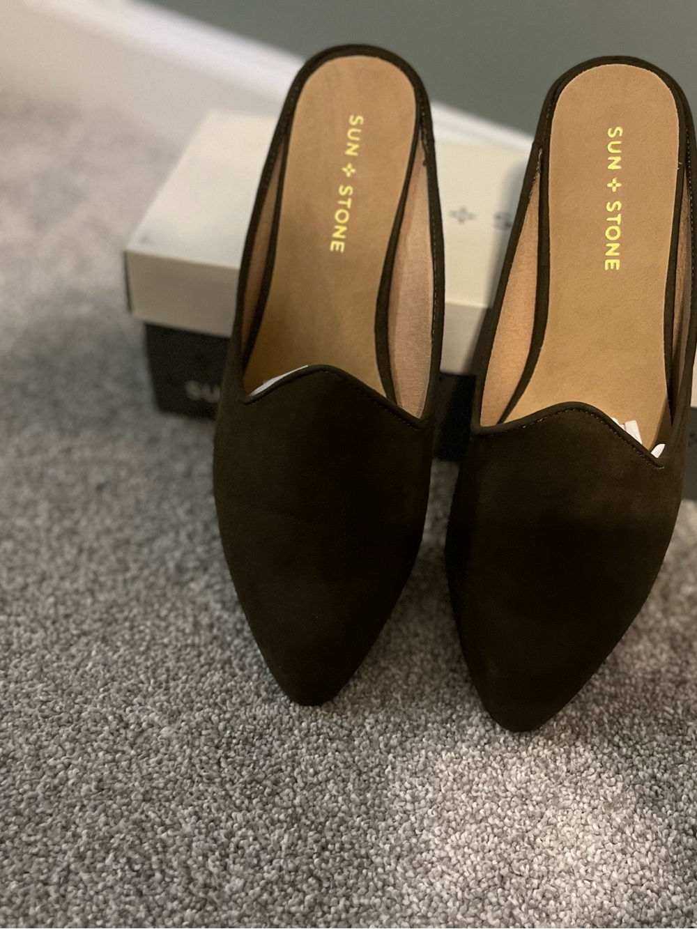 Sun + Stone Black Pointed Suede Backless Mules